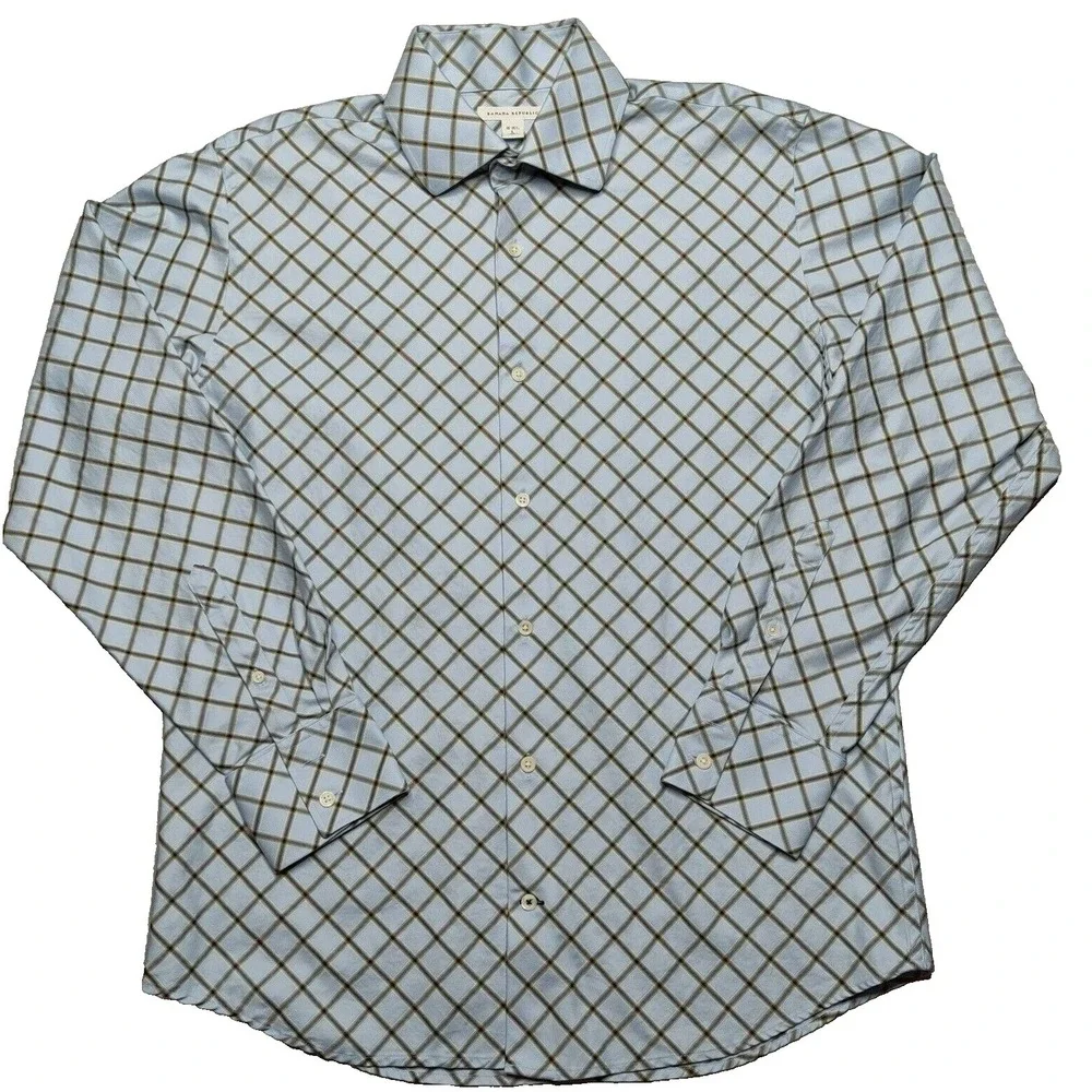 Banana Republic Men Large (16-16.5) Blue Diagonal‎ Check Cotton Button Shirt